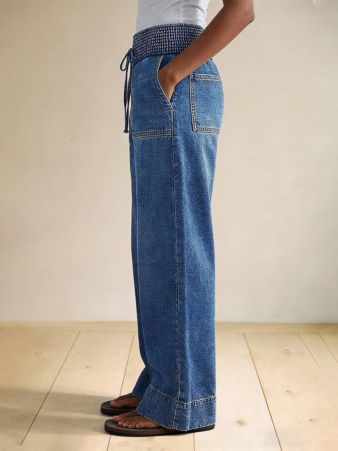 Flamingals Straight Leg High Rise Jeans Wash Drawstring Shirred Loose Fit Casual Denim Jeans with Patch Pocket