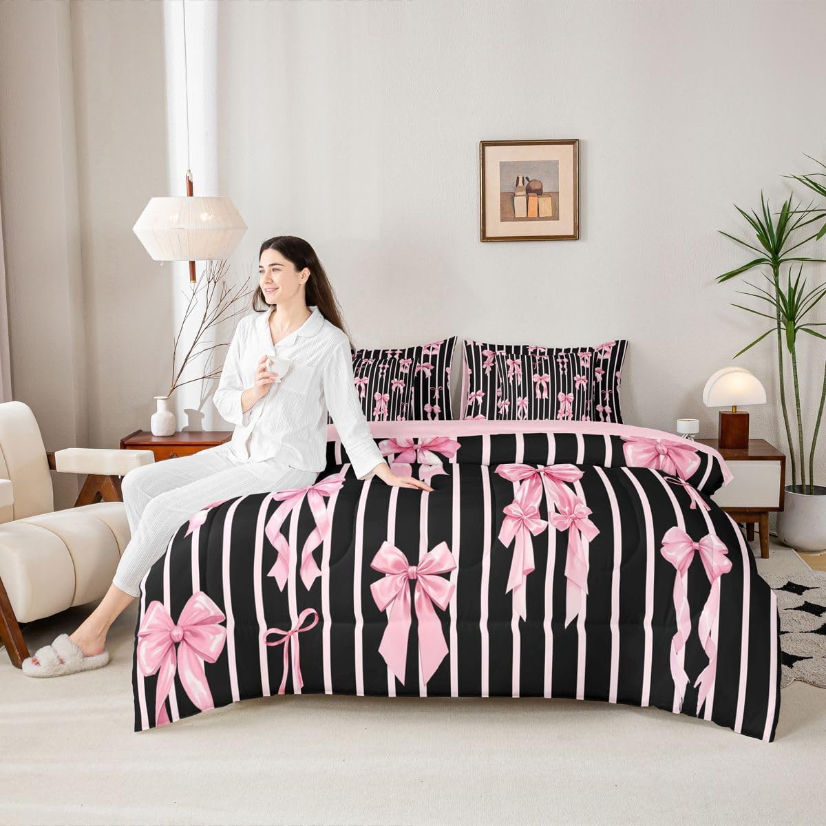 Erosebridal 7 Piece Pink Black Ribbon Bows Comforter Set with Sheets for Kids Girls Women Cute Bowknot Bed in A Bag Twin,Princess Coquette Bedding Sets Bow Tie Bed Set Girly Room Decor Aesthetic