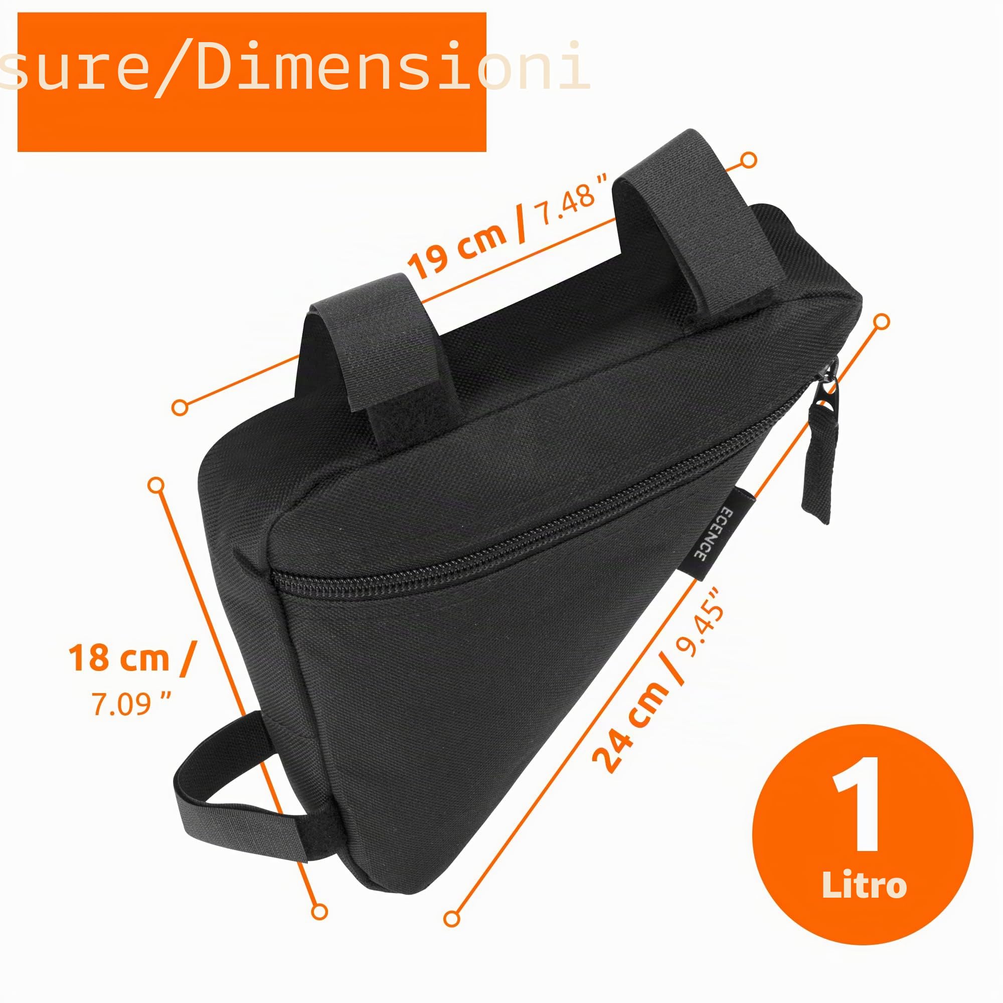 ECENCE Borsa per biciclette telaio impermeabile nera con chiusura a strappo