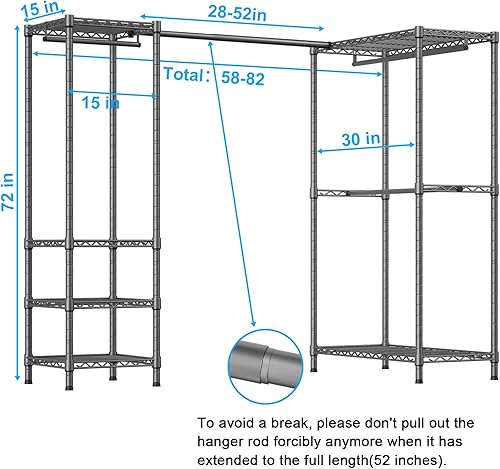 Miniatura 2 de E10L - Perchero en forma de L para esquina (con barra de suspensión expandible), resistente y independiente para colgar ropa, perchero portátil de
