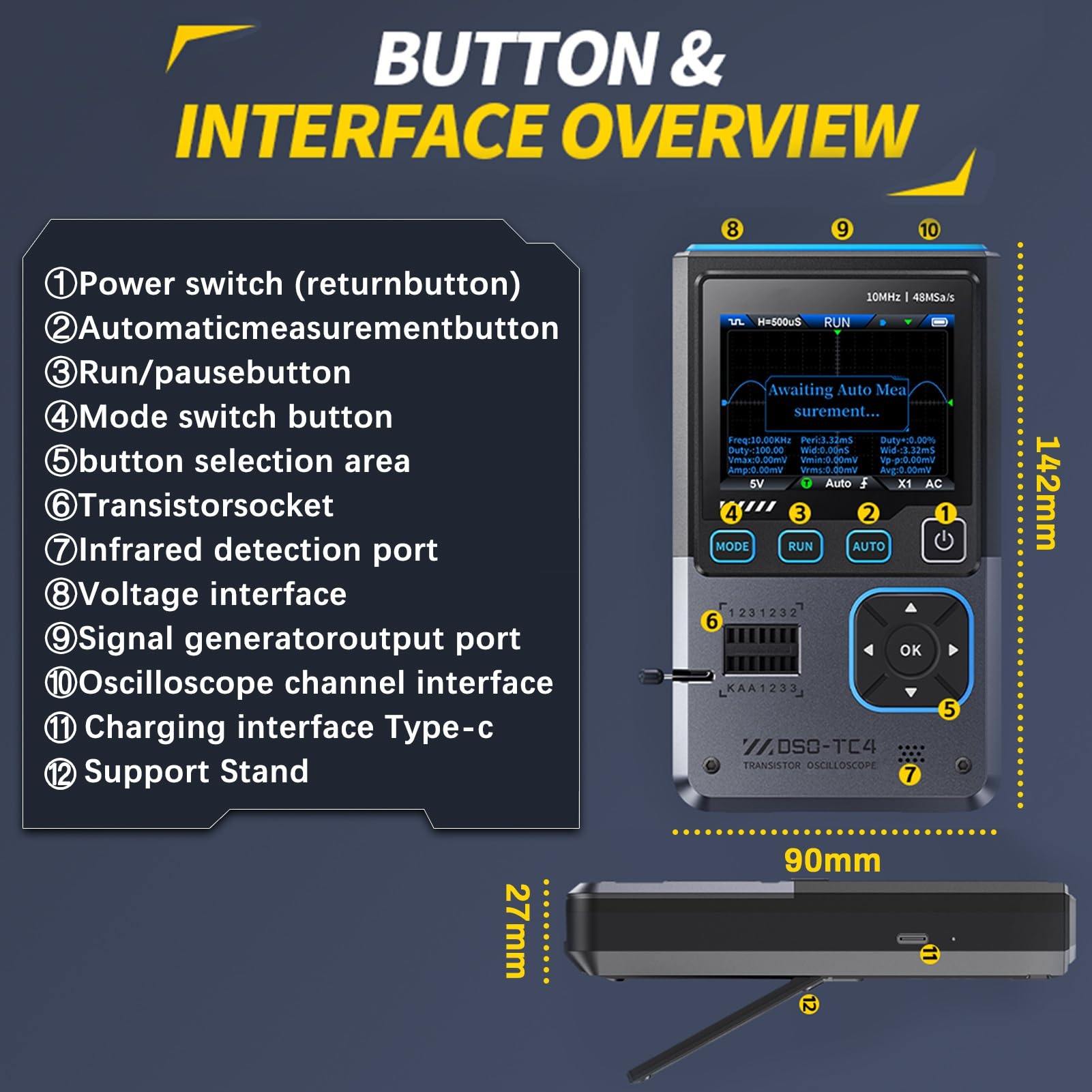 DSO-TC4 Oszilloskop, 3 in 1 Digital Oscilloscope/Transistor Tester/Signal Generator, 10 MHz Bandbreite, 48 MSa/s Abtastrate, mit Überhitzungsschutz