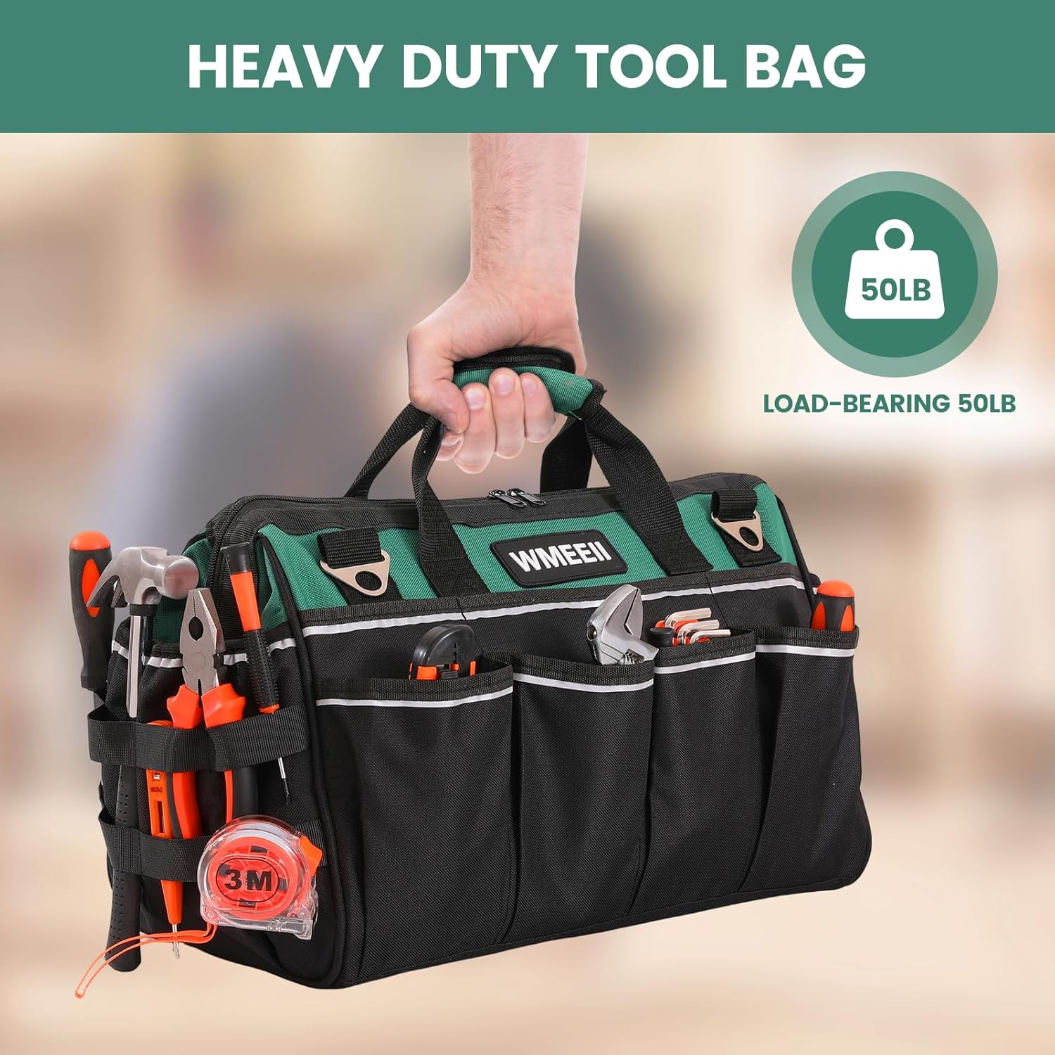 18-Inch Heavy Duty Tool Bag, 24-Pocket Empty Tool Bag Organizer,1680D Oxford Portable Tool Bags for Men,Soft Handle Large Zipper Toolbag for HVAC Craftsmen Contractors Carpenter