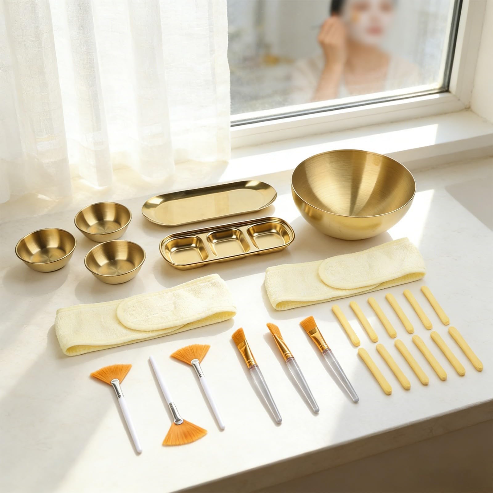 Set di 26 ciotole per il trattamento del viso in acciaio inox, con spazzole e accessori, kit di miscelazione per maschera dorata con vassoio divisorio, per casa, spa, salone, bellezza idratazione