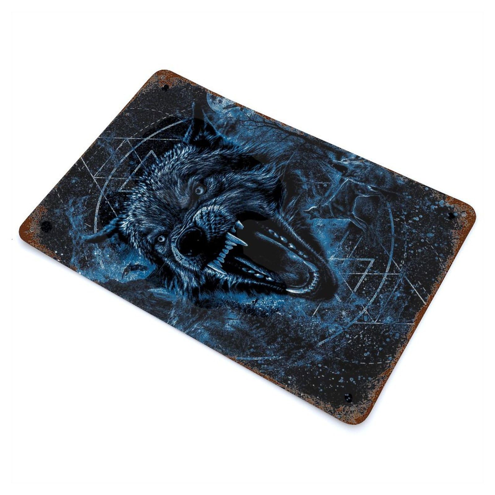 Aged Metal Wall Plaque with Wolf Design 11.8"x7.9", for Pub, Kitchen And Man Cave Decor, Shabby Chic Decor