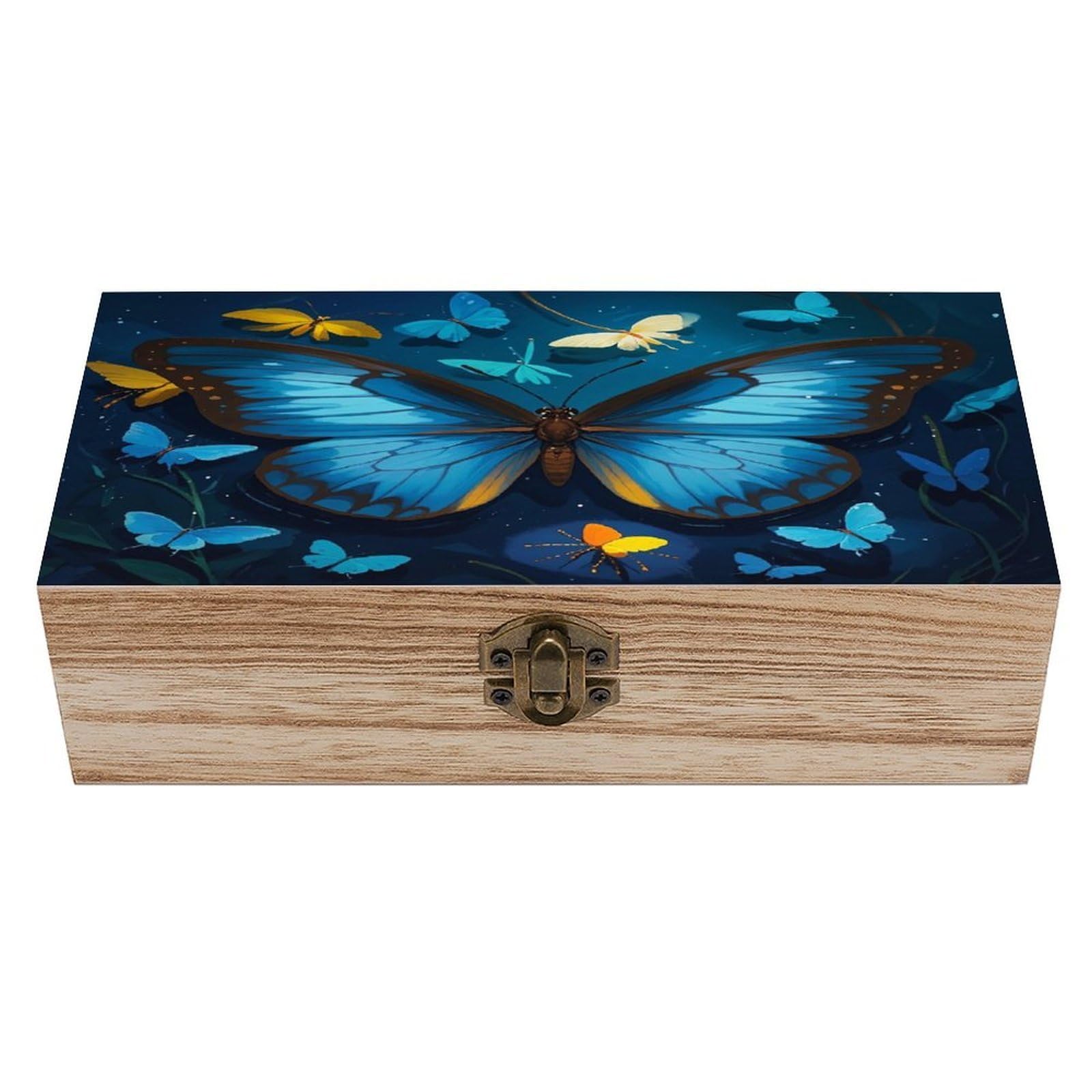 FekiLoot Blue Butterfly Pattern Wooden Storage Box Exquisite Wood Keepsake Box Vintage Wooden Gift Jewelry Case for Crafts And Photo Storage Boxes