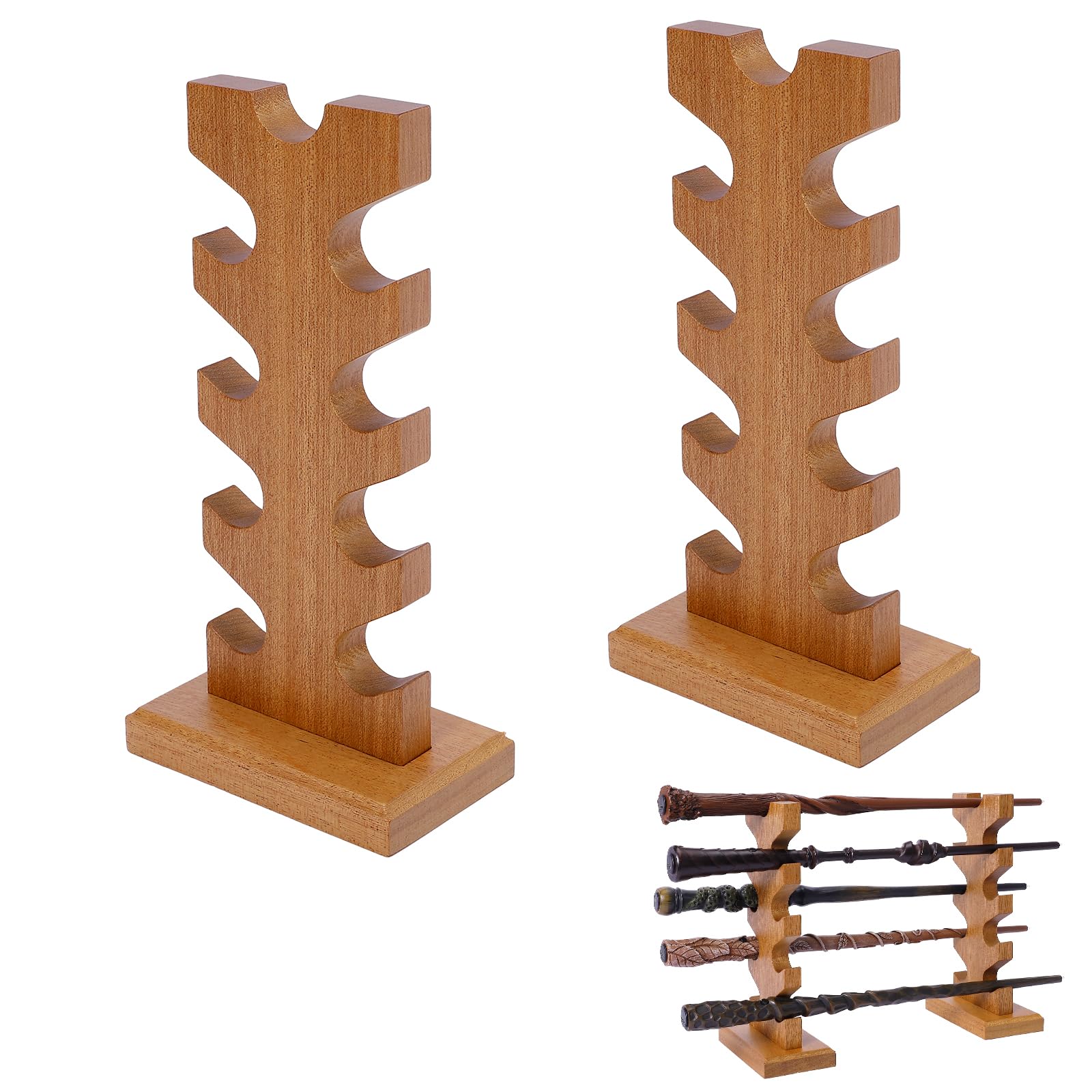 ShinySong Wizard Wand Display Stand, 5 Tiered Wooden Magic Wand Holder for Table Display Collection, Holds 9 Wands, Brown