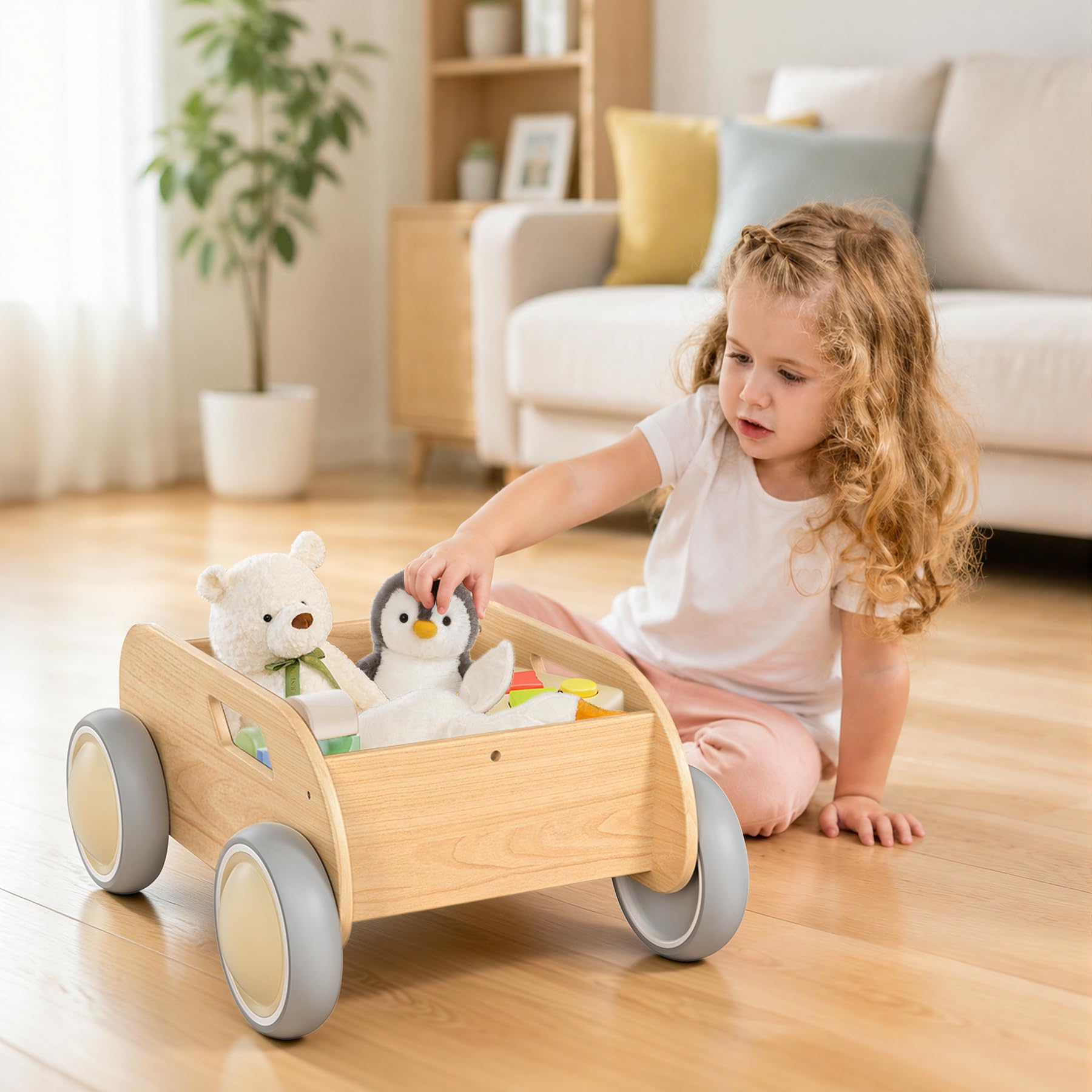 Girello in legno, per imparare a spingere e tirare, per neonati e bambini, con ruote, regalo per compleanno e Natale, naturale