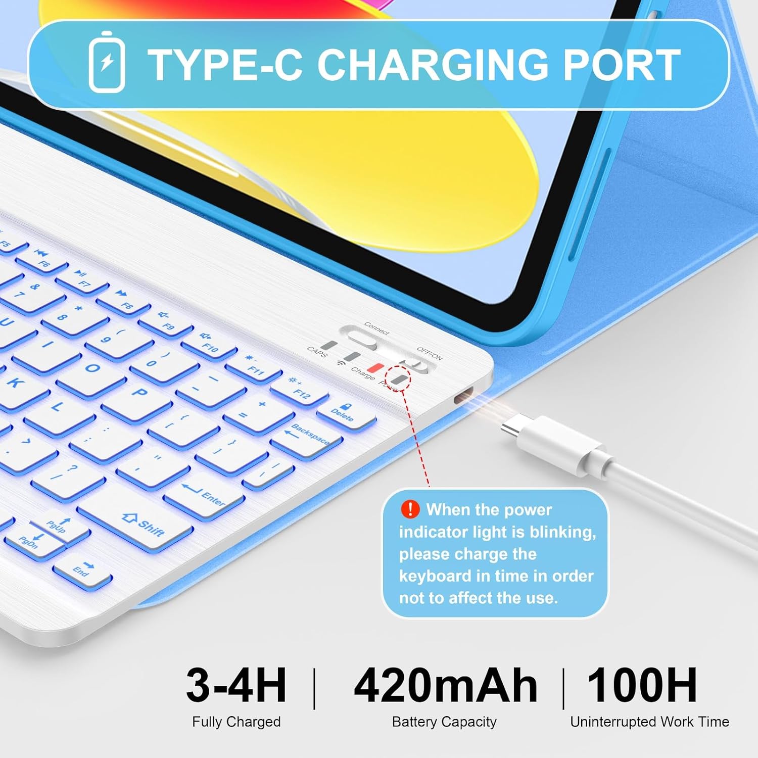 Soke for iPad (A16) 11th/10th Generation Case with Keyboard(2025/2022)-7 Color Backlight Wireless Detachable Folio Keyboard Cover with Built-in Pencil Holder for iPad 11/10.9 inch, Sky Blue - Image 7