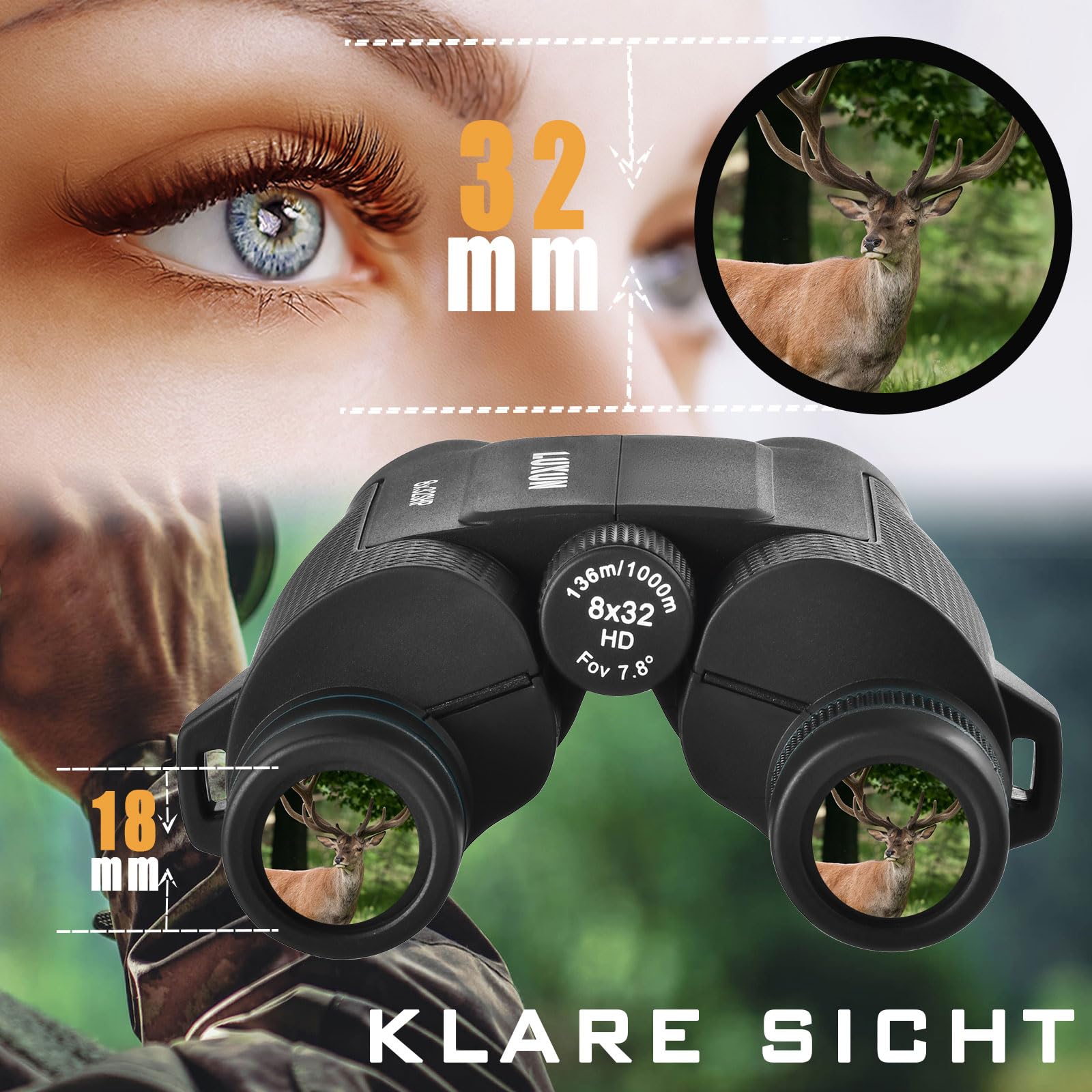 LUXUN 8 x 32 mała lornetka dla dorosłych, kompaktowa, ultrasharp, duży okulary do obserwacji ptaków, czarna