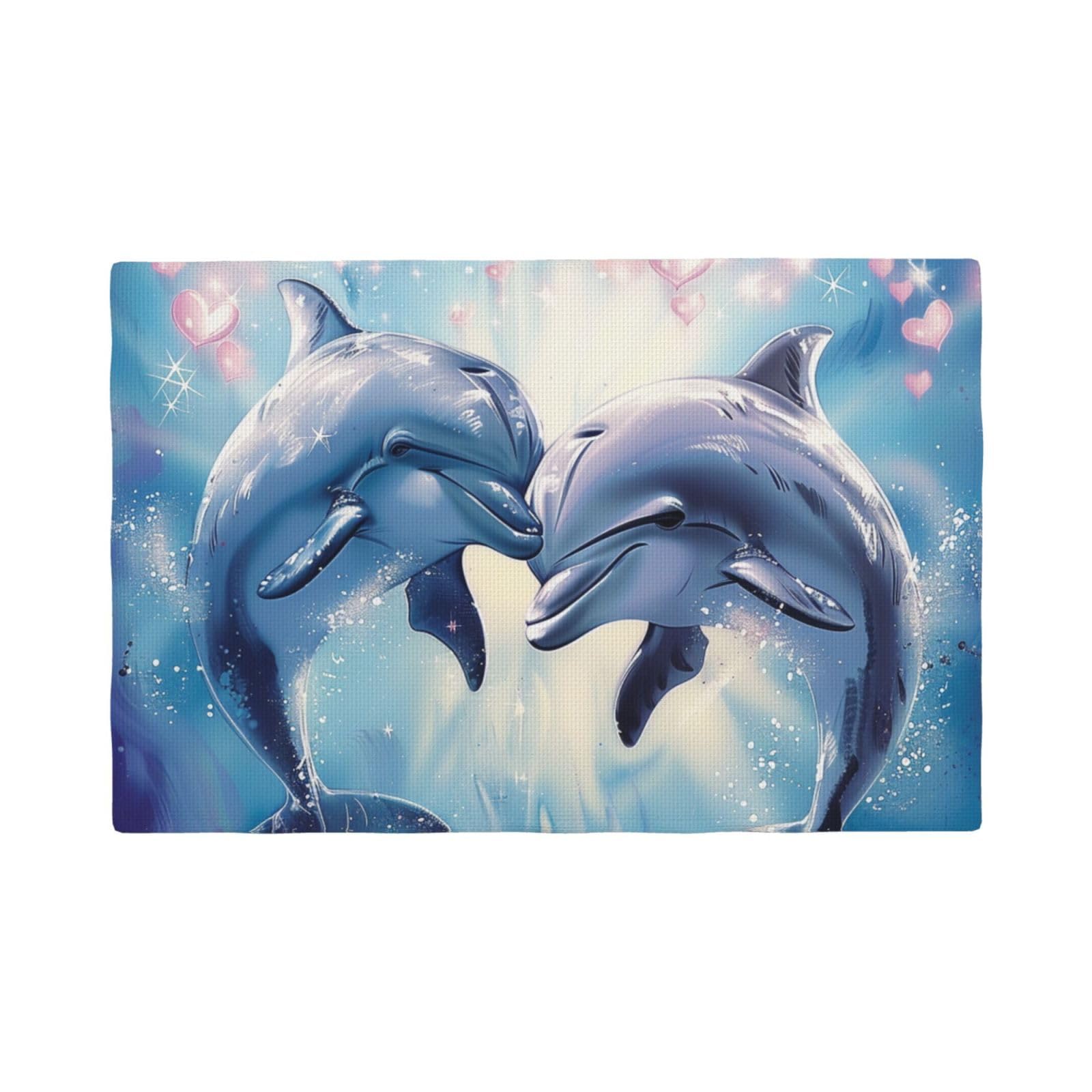 Dolphins in Love 1 Print Placemats Set, Heat Resistant Washable Placemat 12x18in Table Mats for Party Kitchen Dining Table Decoration Indoor Outdoor, Four Pieces