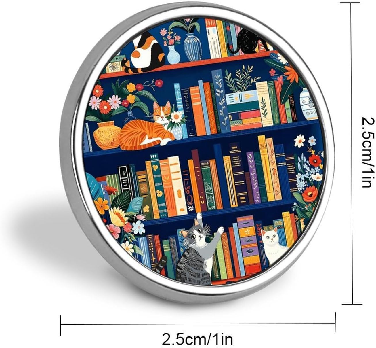 Cat Bookshelf Theme Round Lapel Pin Cute Funny Enamel Brooch Pins image 2