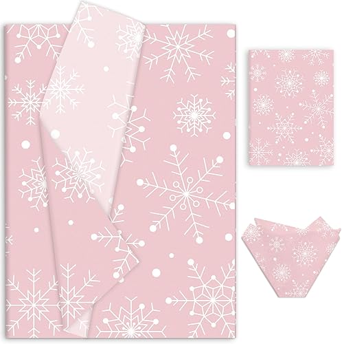 Whaline 100 hojas de papel de seda de Navidad, papel de regalo de copo de nieve rosa y blanco, papel de regalo para el hogar, bolsas de regalo de