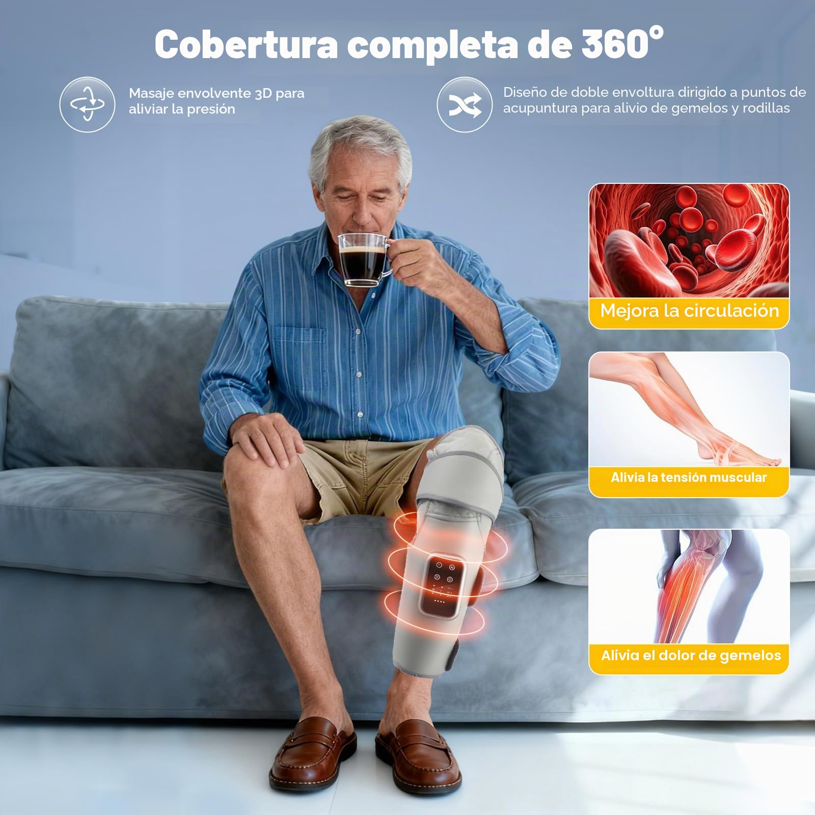 2 in1 masajeador piernas，Correas ajustables de 360°, 3 modos de masaje y 3 niveles de calor，presoterapia en casa Cobertura completa de rodillas y pantorrillas presoterapia piernas para casa