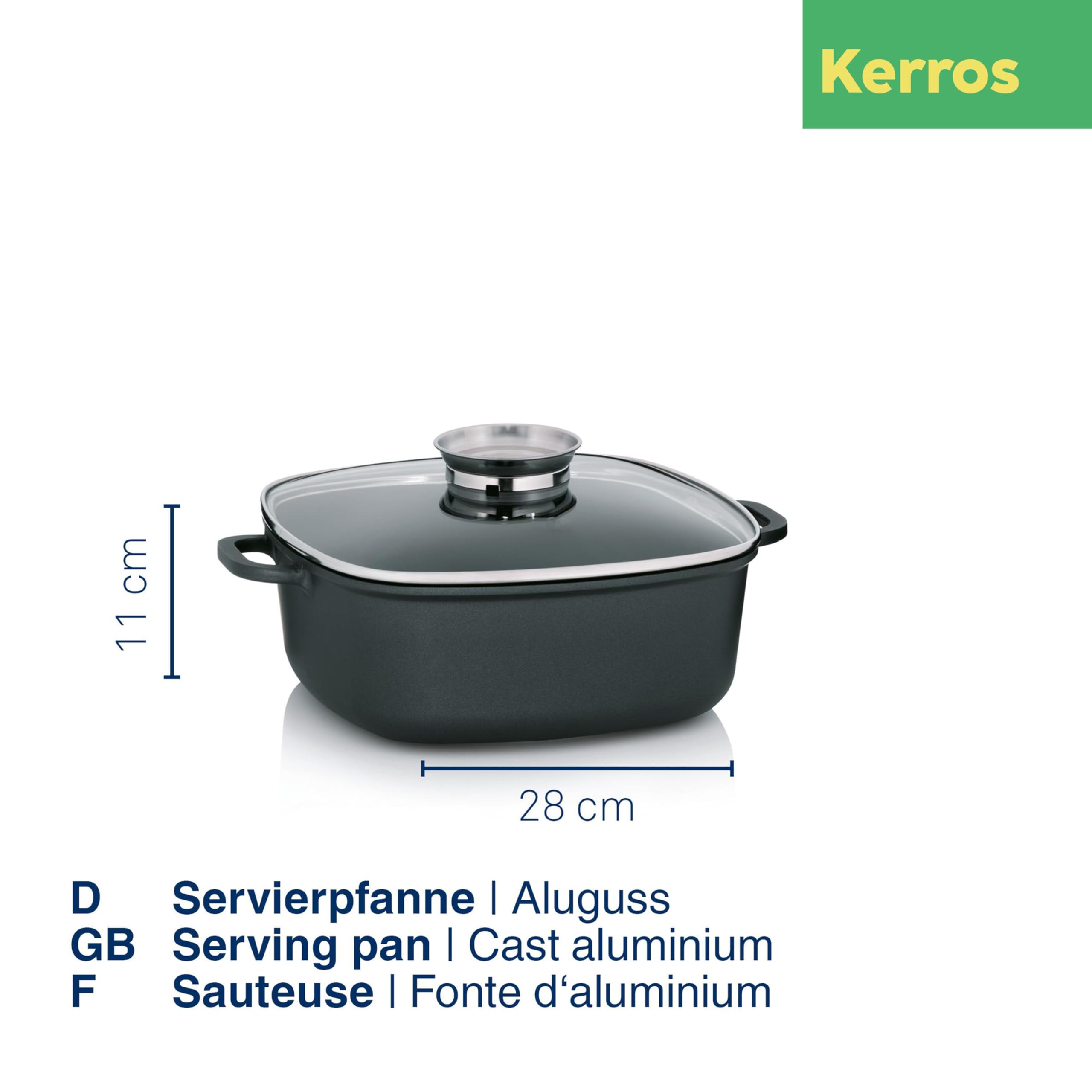 kela Schmorpfanne 28 x 28 cm, Deckel mit Aromaknopf, Induktion Servierpfanne KERROS, Aluguss beschichtet, Paella Pfanne hoher Rand