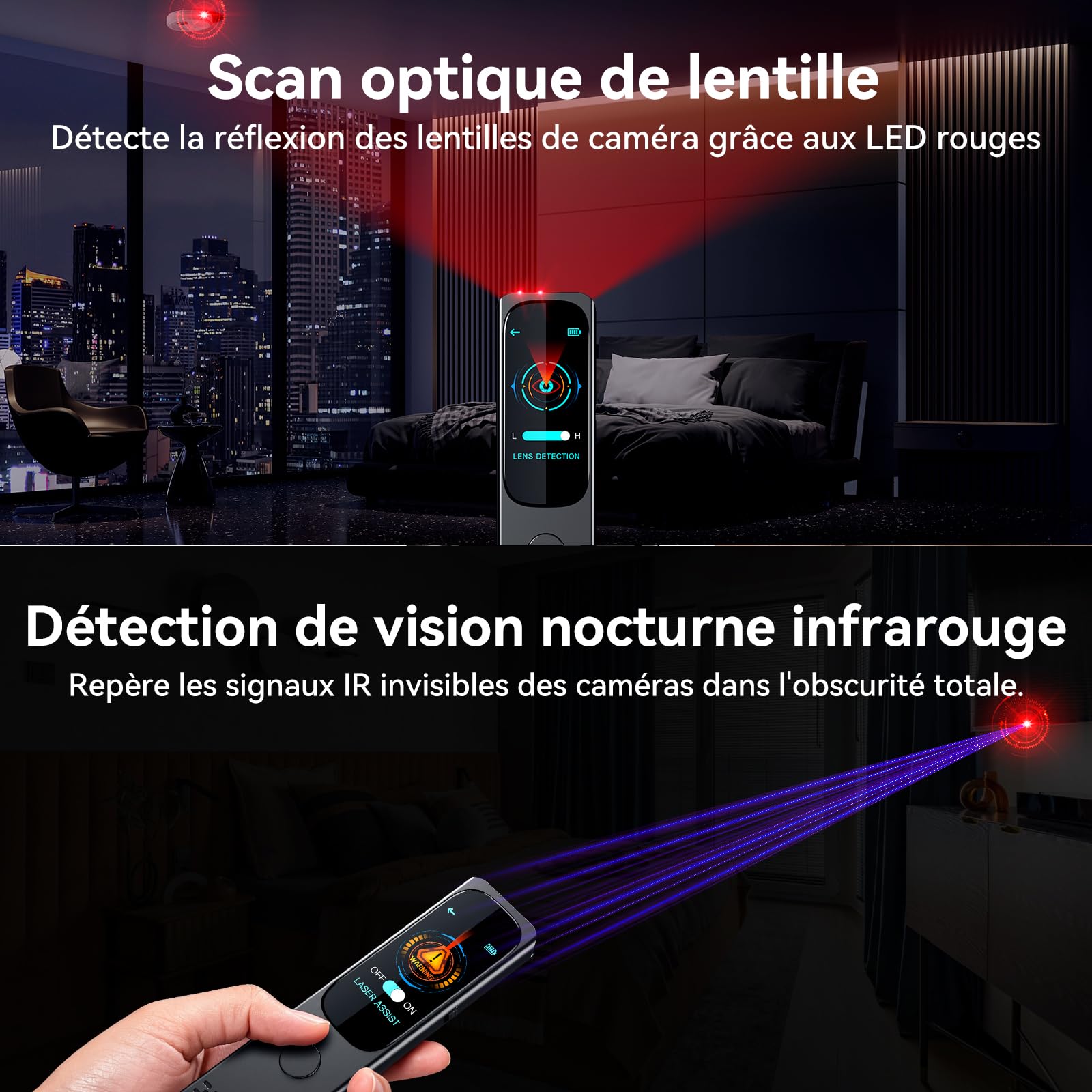 Détecteur Caméra & Micro Espion, Traceur GPS Voiture, 6-en-1 Écran Tactile | Détecteur de Traceur GPS, Scanner de Signal RF et Alarme anti-intrusion pour Hôtel, Voyage et Voiture