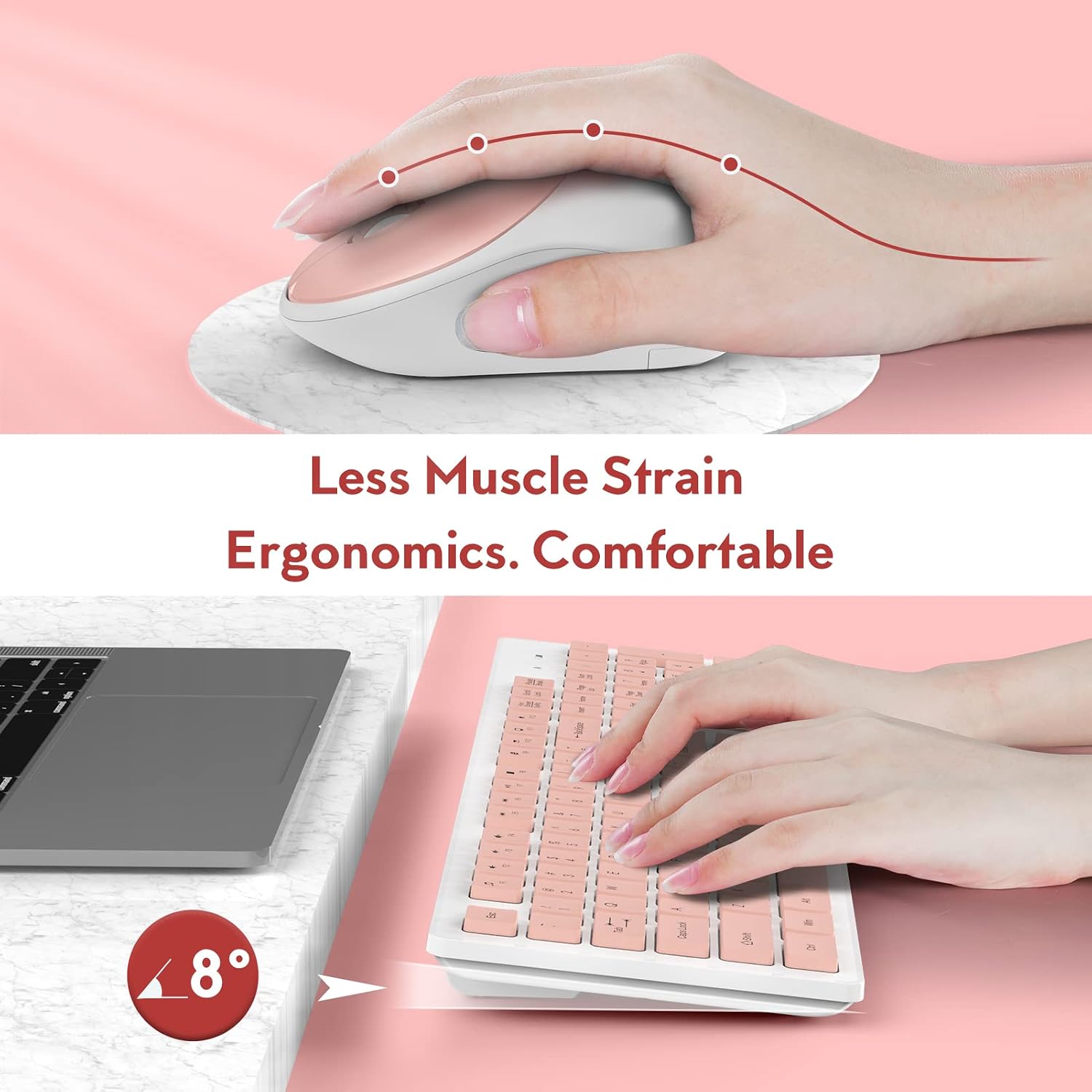 Wireless Keyboard and Mouse, Trueque Silent 2.4GHz Cordless Full Size USB Keyboard Mouse Combo, Long Battery Life, Lag-Free Wireless for Computer, Laptop, PC, Windows, Mac, Chrome OS (Pink)