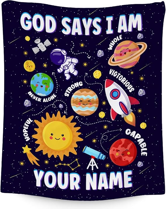 Custom Planet Blanket, Cozy Soft Throw Gifts for Boys, 40x50 Inch Cute Flannel Blanket for Planet Lovers, God Says I Am Throw Blankets for Couch Sofa