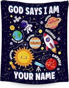 Custom Planet Blanket, Cozy Soft Throw Gifts for Boys, 40x50 Inch Cute Flannel Blanket for Planet Lovers, God Says I Am Throw Blankets for Couch Sofa