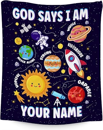 Custom Planet Blanket, Cozy Soft Throw Gifts for Boys, 40x50 Inch Cute Flannel Blanket for Planet Lovers, God Says I Am Throw Blankets for Couch Sofa