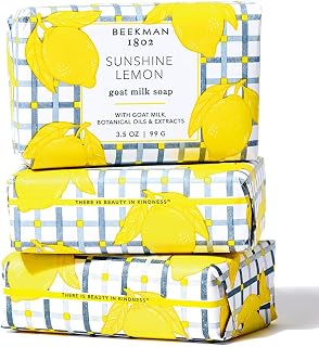 Beekman 1802 Goat Milk Body Soap Bar 3-Piece Set, Sunshine Lemon - Scented - 3.5 oz - Nourishes, Moisturizes & Hydrates - 100% Vegetable Soap with Lactic Acid - Good for Sensitive Skin - Cruelty Free