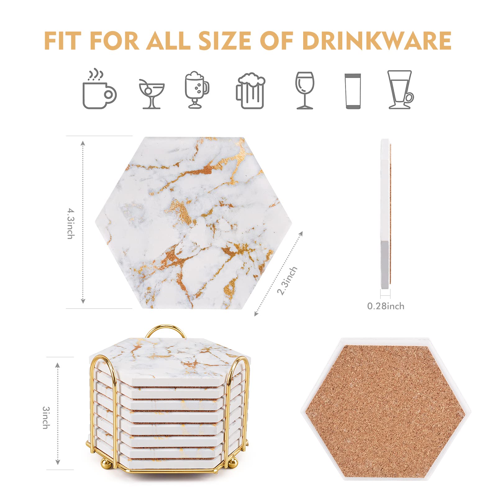 Geichan Marble Coaster Set for Table Protection,8 Pcs Drink Coasters with Metal Holder, Home Decor, Bar Coasters - Image 4
