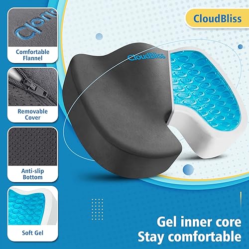Miniatura 3 de CloudBliss Cojín de asiento de gel  Gel refrescante mejorado, espuma viscoelástica, cojín de asiento ergonómico para sentarse prolongadamente