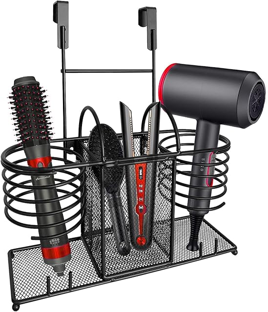 Sunlit 3in1 Hair Dryer Holder Wall Mount/Countertop/Over Cabinet Door Metal Wire Hair Product & Styling Tool Organizer Storage Basket Holder for Brushes,Flat Iron,Curling Wand,Hair Straightener,Black