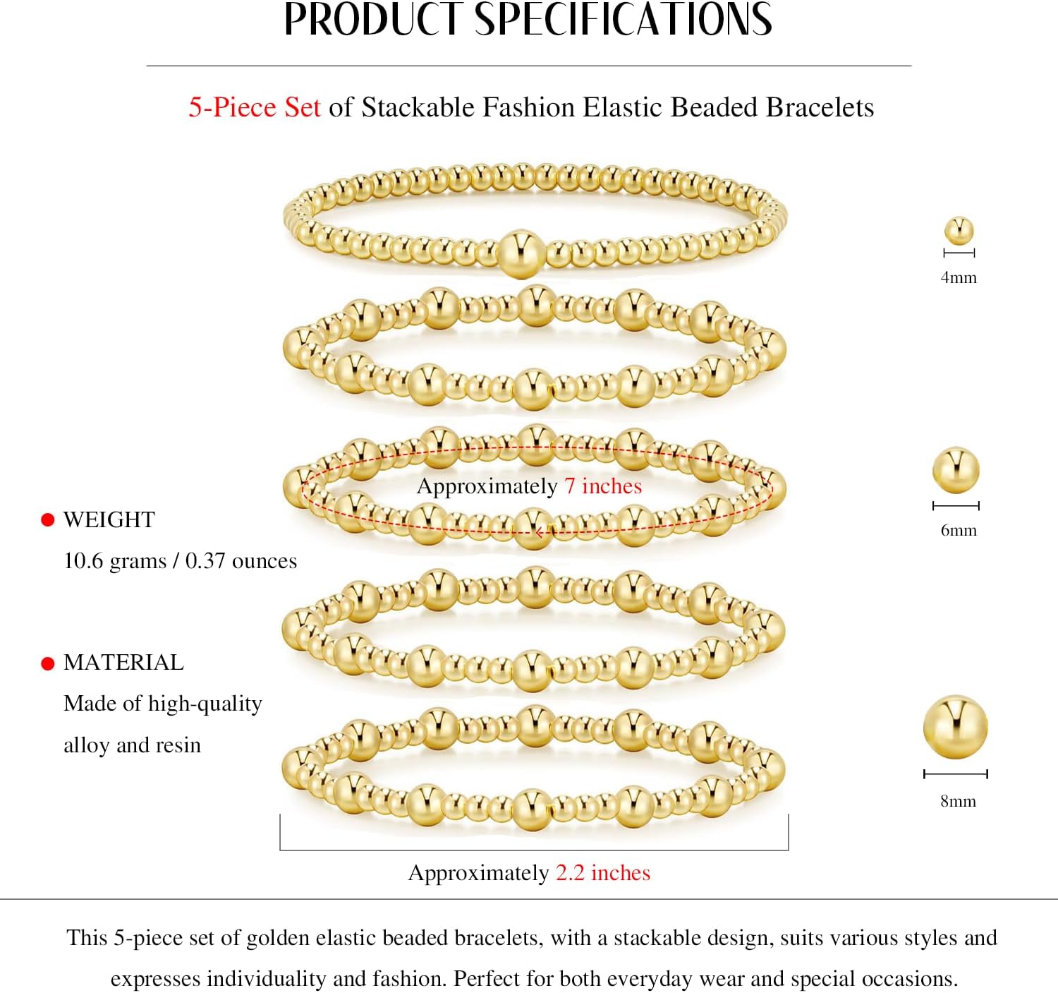 5Pcs Gold Beaded Bracelets 14K Gold Bracelets for Women Bracelet Stack Trendy Stretch Bead Bracelets Silver Bead Bracelet Dainty Jewelry for Women - Image 6