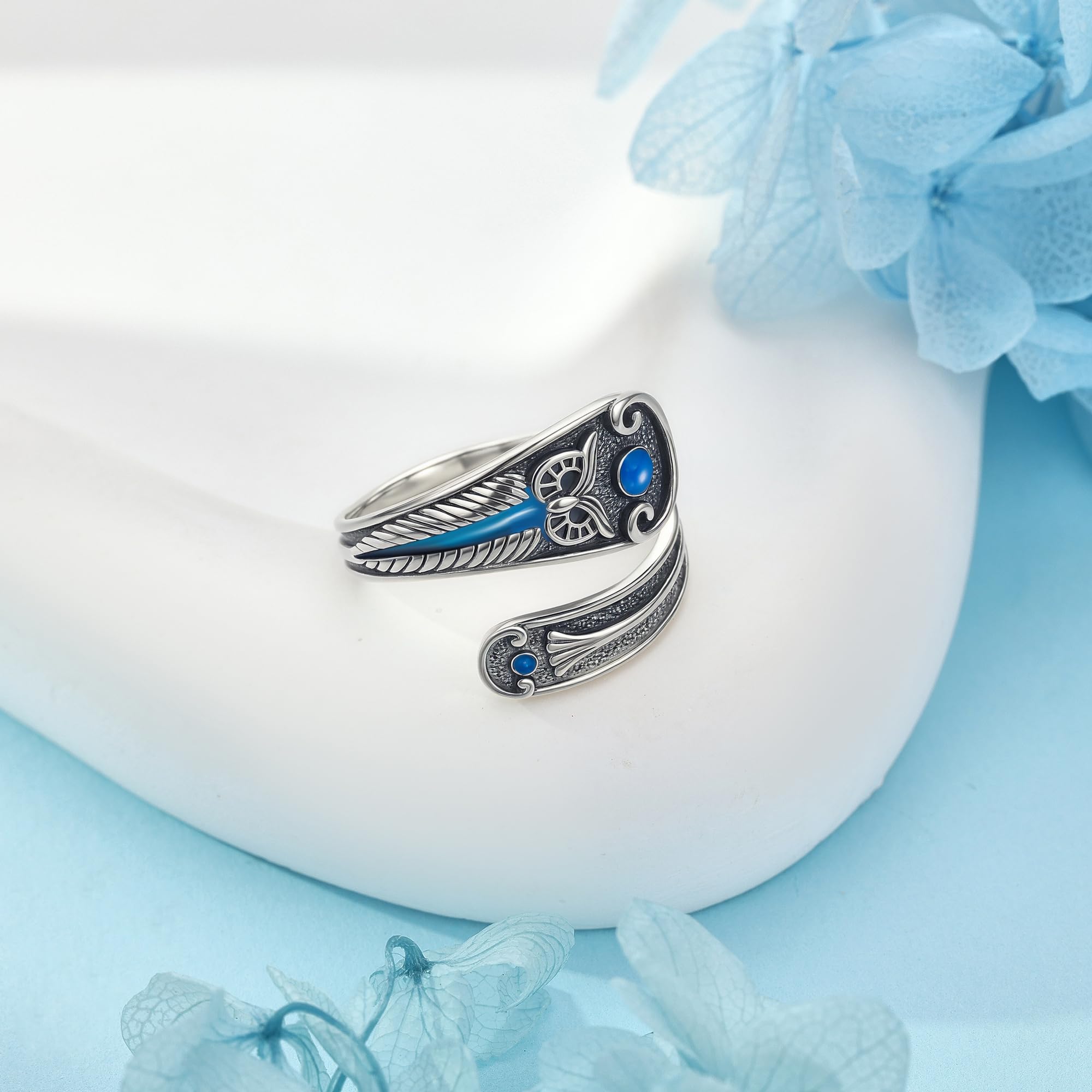 DAYLINLOVE Tier-Löffel-Ring aus 925er Sterlingsilber mit Türkis Frosch/Libelle/Schildkröte/Oktopus/Eule Verstellbarer Ring Daumenring Tier Schmuck Geschenk für Frauen