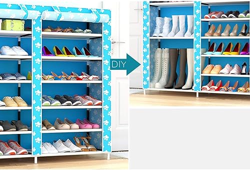 Miniatura 5 de ZEELYDE Zapatero de 2 filas de metal cubierta de tela multicapa a prueba de polvo organizador de almacenamiento para dormitorio sala de estar puerta