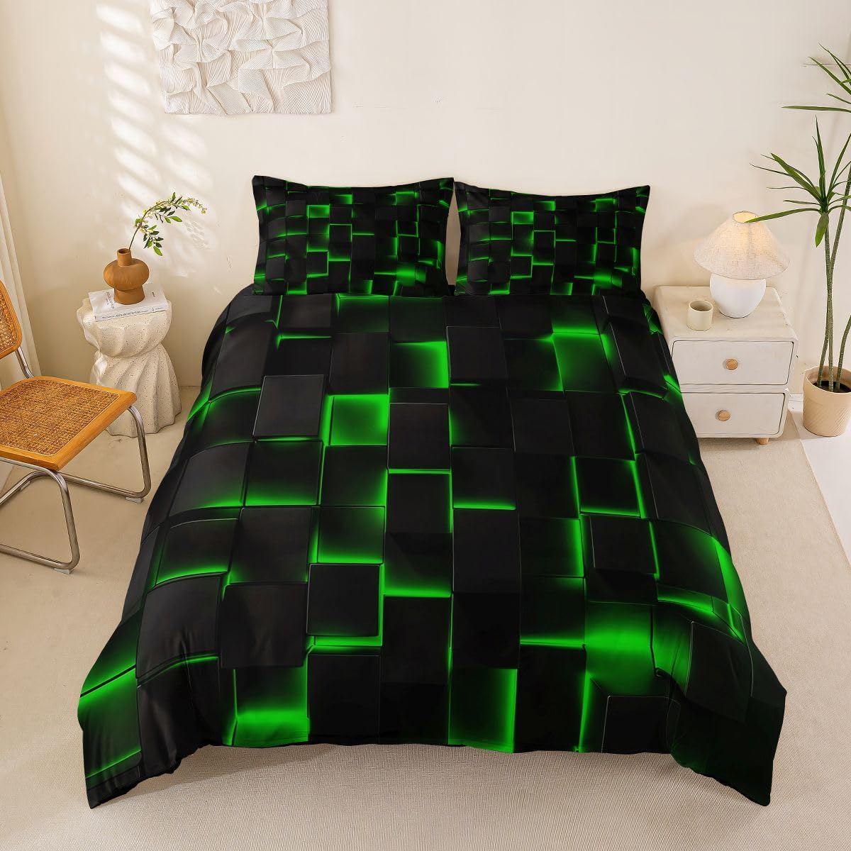 Castle Fairy Gamer Room Decor 2 Pieces Soft Bedding Set,Abstract 3D Grids Duvet Cover Kids Boys Room Decor Square Plaid Check Twin Comforter Cover with 1 Pillowcase (No Comforter),Black Green