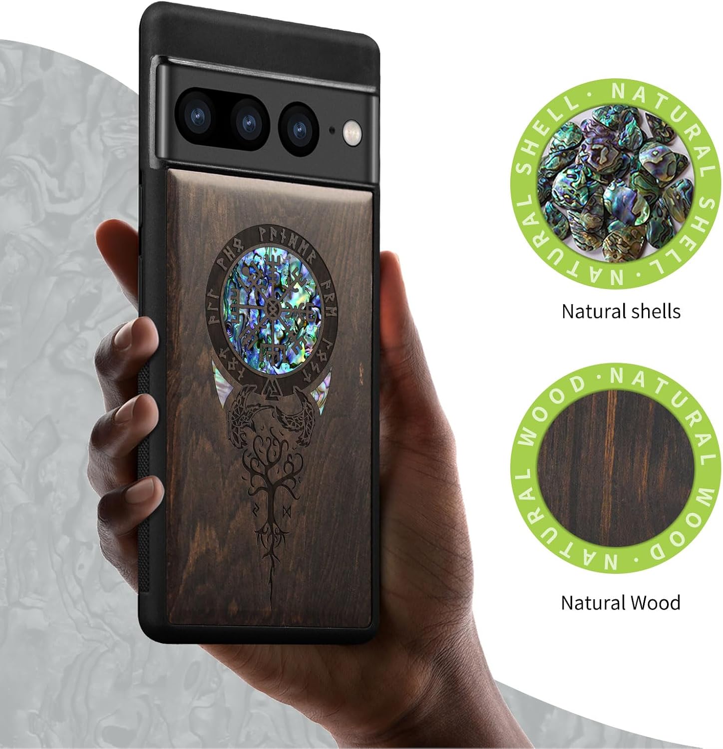Carveit Designer Wooden Case for Google Pixel 7 Pro Case [Wood Engraving & Shell Inlay] Compatible with Wireless Chargers Pixel 7 Pro (The Vegvisir of Viking-Blackwood)
