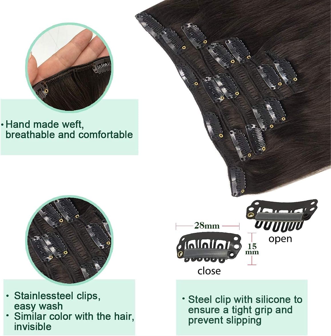 GOO GOO Clip in Human Hair Extensions, 20inch 120g 7pcs, Hair Extensions Clip in, 2 Dark Brown, #2 Dark Brown, 20 Inch-120g-7pcs - Image 5