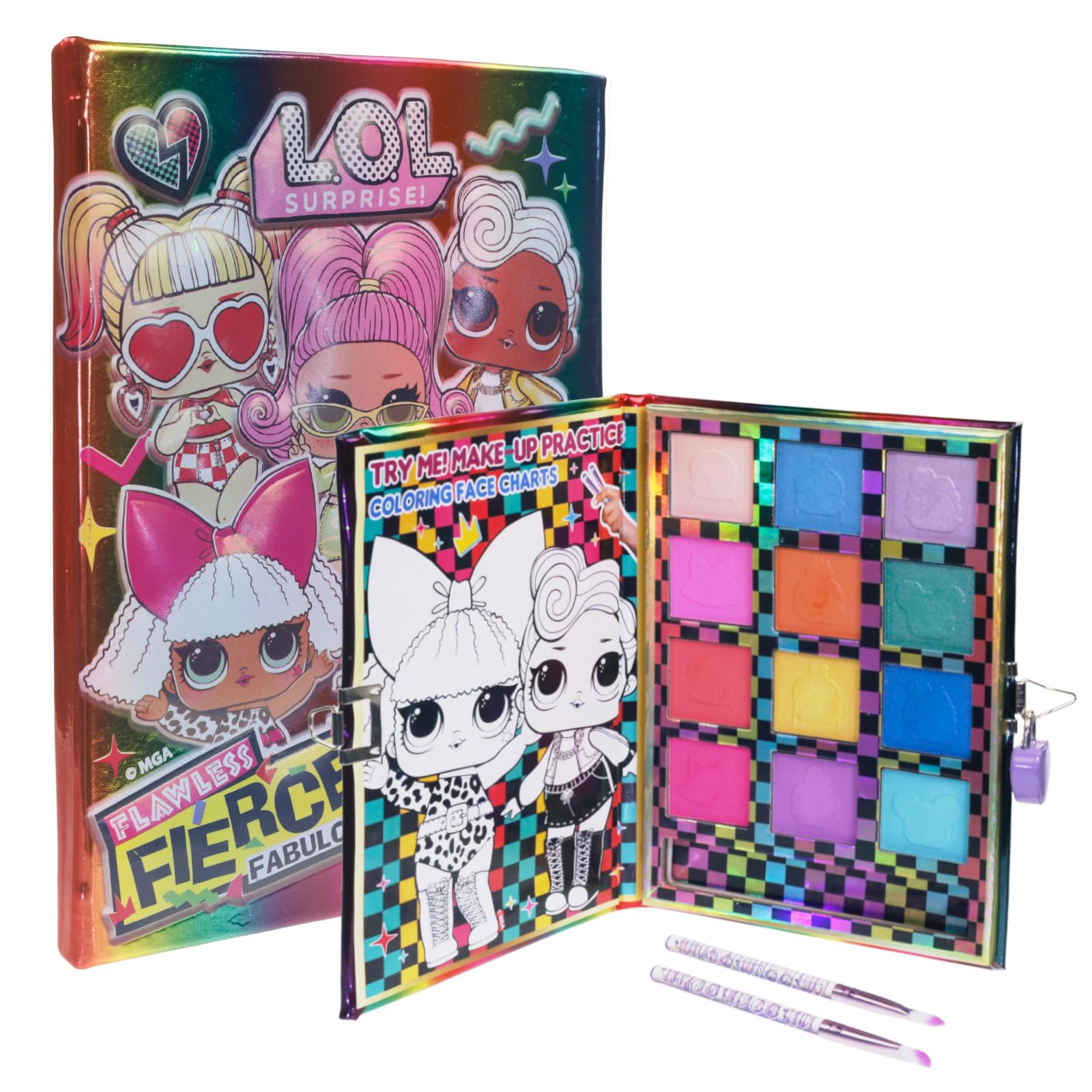 Townley Girl L.O.L Surprise 12-Well Lockable Diary Shadow Palette with Practice Face Chart, Shimmery and Opaque Colors, Pigmented, 2 Brushes Non-Toxic 6+, Perfect for Parties, Sleepovers