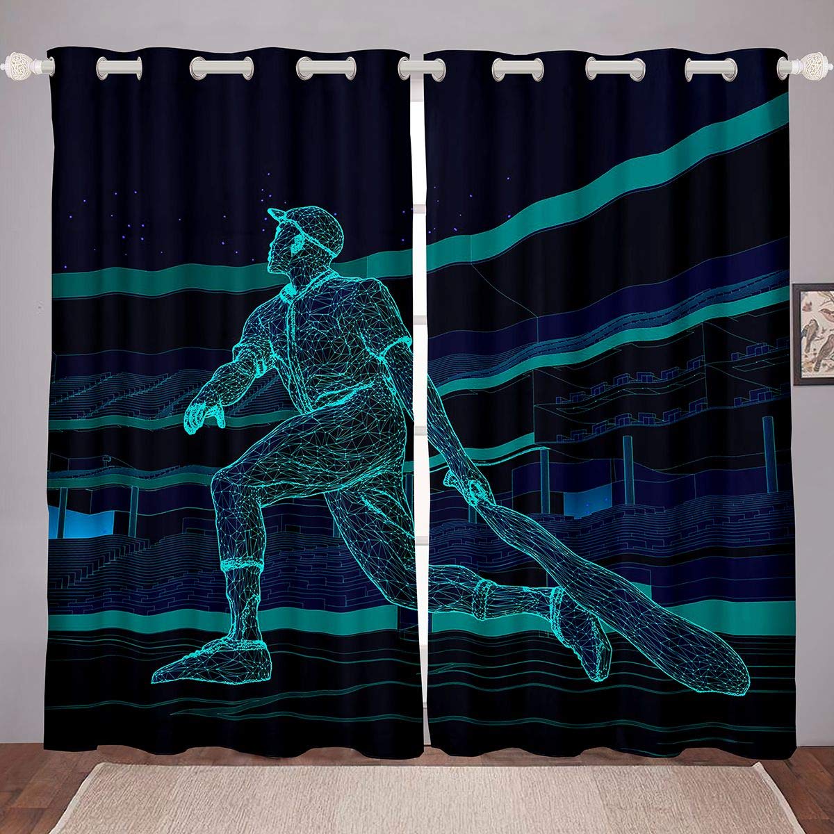 Homemissing Baseball Player Window Treatments Sports Theme Window Drapes Baseball Games Curtain For Kids Adults Galaxy Hand Draw Window Curtain Ultra Soft Athlete Competitive Decor W46*L54 — image 1