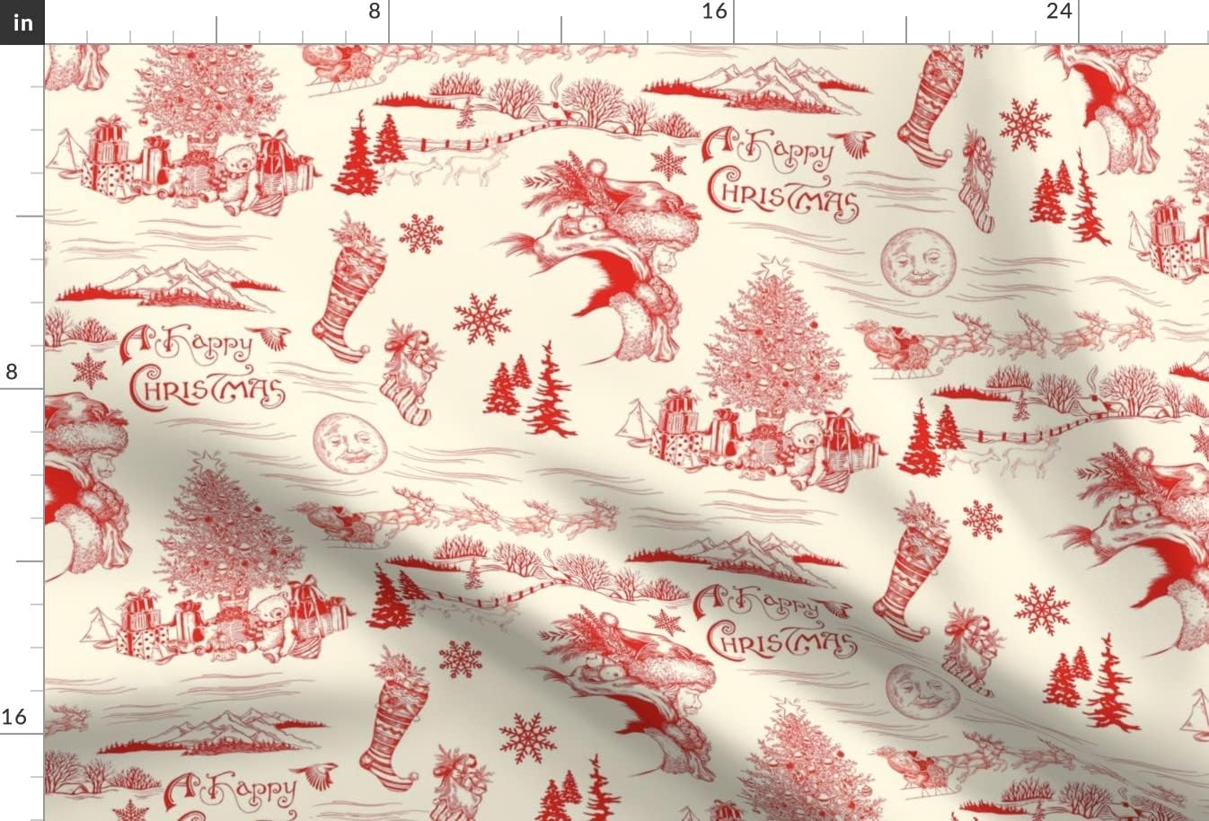 Spoonflower Fabric - Christmas Holiday Toile Red Cream Winter Landscape Printed on Upholstery Velvet Fabric Fat Quarter - Upholstery Home Decor Bottomweight Apparel