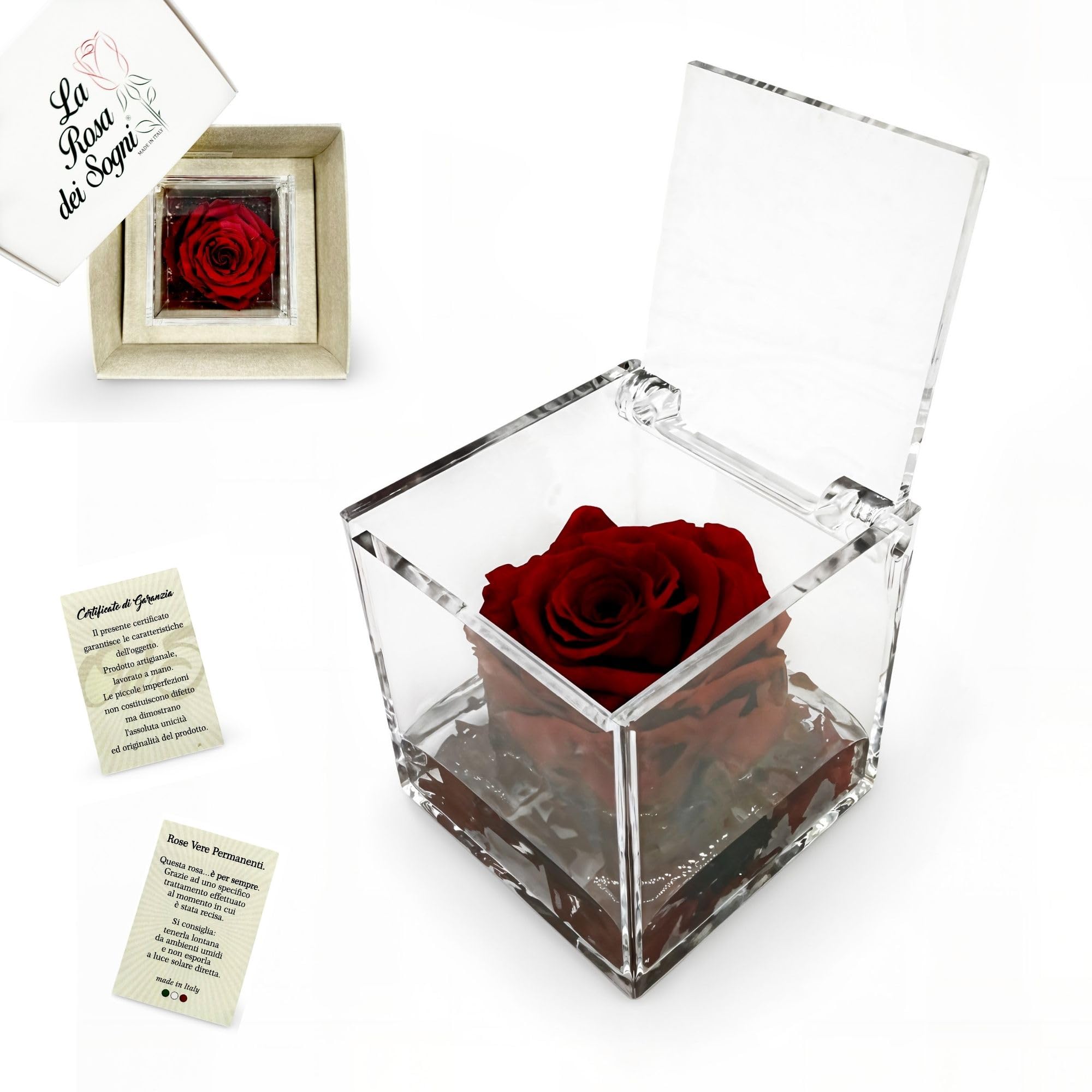 Rosa Stabilizzata Profumata con Petali in gel in Cubo Trasparente - Confezione Regalo Elegante - Durata 5-7 anni - Made in Italy - 5x5 cm (Rosso)
