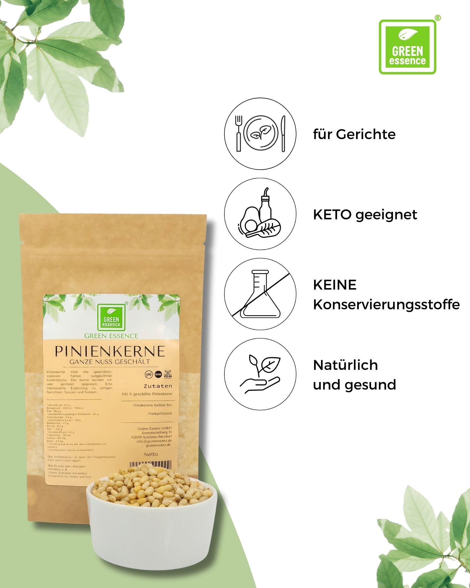 Pinienkerne 500g von Green Essence - Naturbelassen - Frisch und Ungesalzen - Für Pesto in Top Qualität - Ohne Zusätze - Vegan - Protein - Zedernüsse Ganz