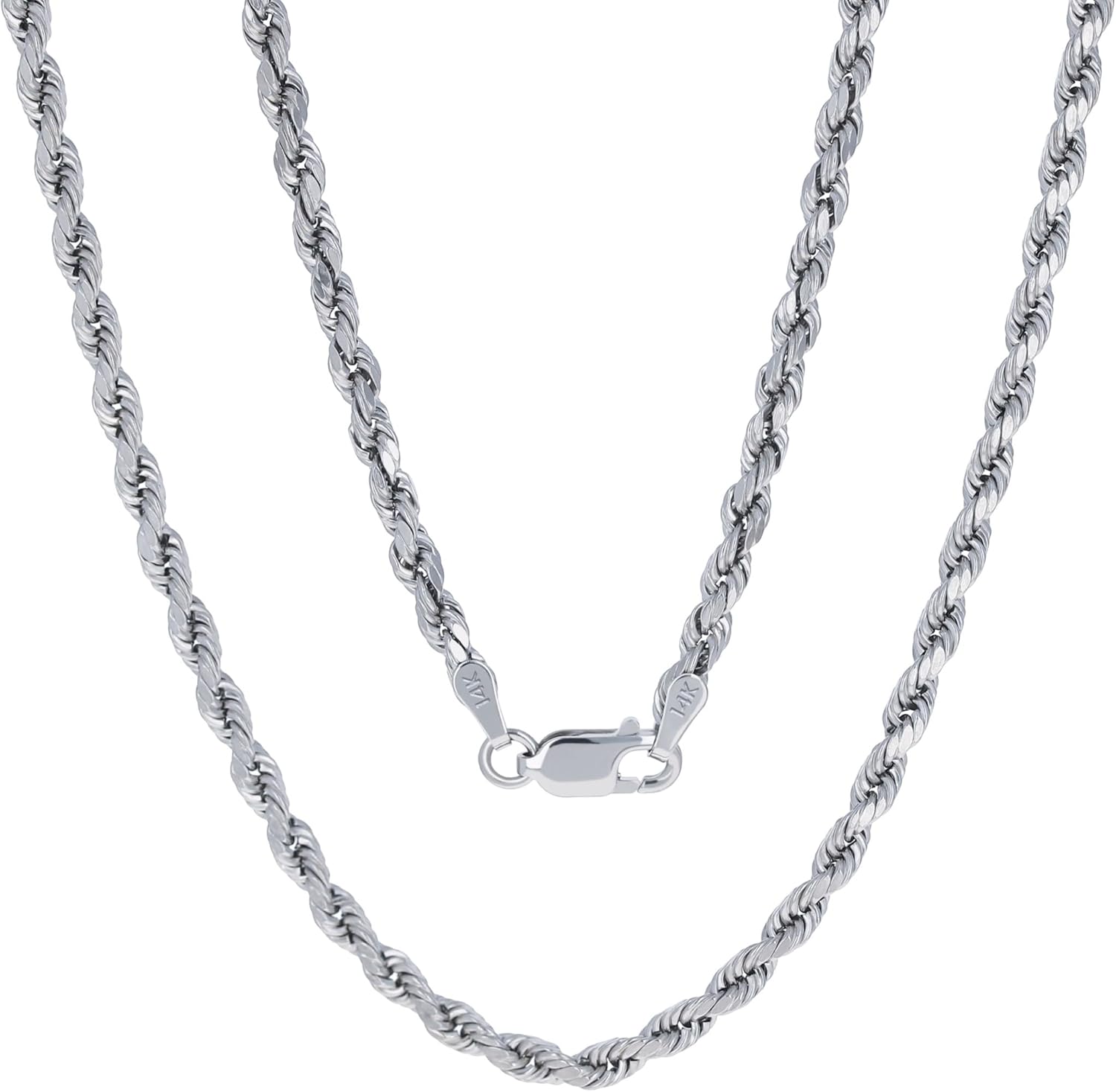 Nuragold 14K Real White Gold 3mm Solid Rope Chain Diamond Cut Necklace (16"-30") Italian Jewelry for Men