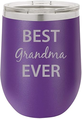 CustomGiftsNow Best Grandma Ever - Vaso de vino de doble pared de acero inoxidable grabado de 12 onzas con tapa de plástico transparente, color