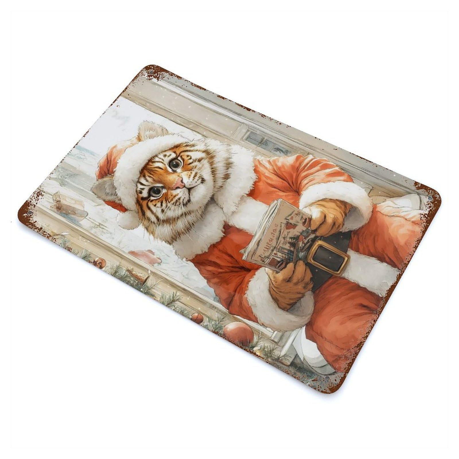 Tiger Santa Claus Vintage Wall Sign 11.8"x7.9", Rust Effect Metal Decor for Cafe, Home Bar And Lounge Decor