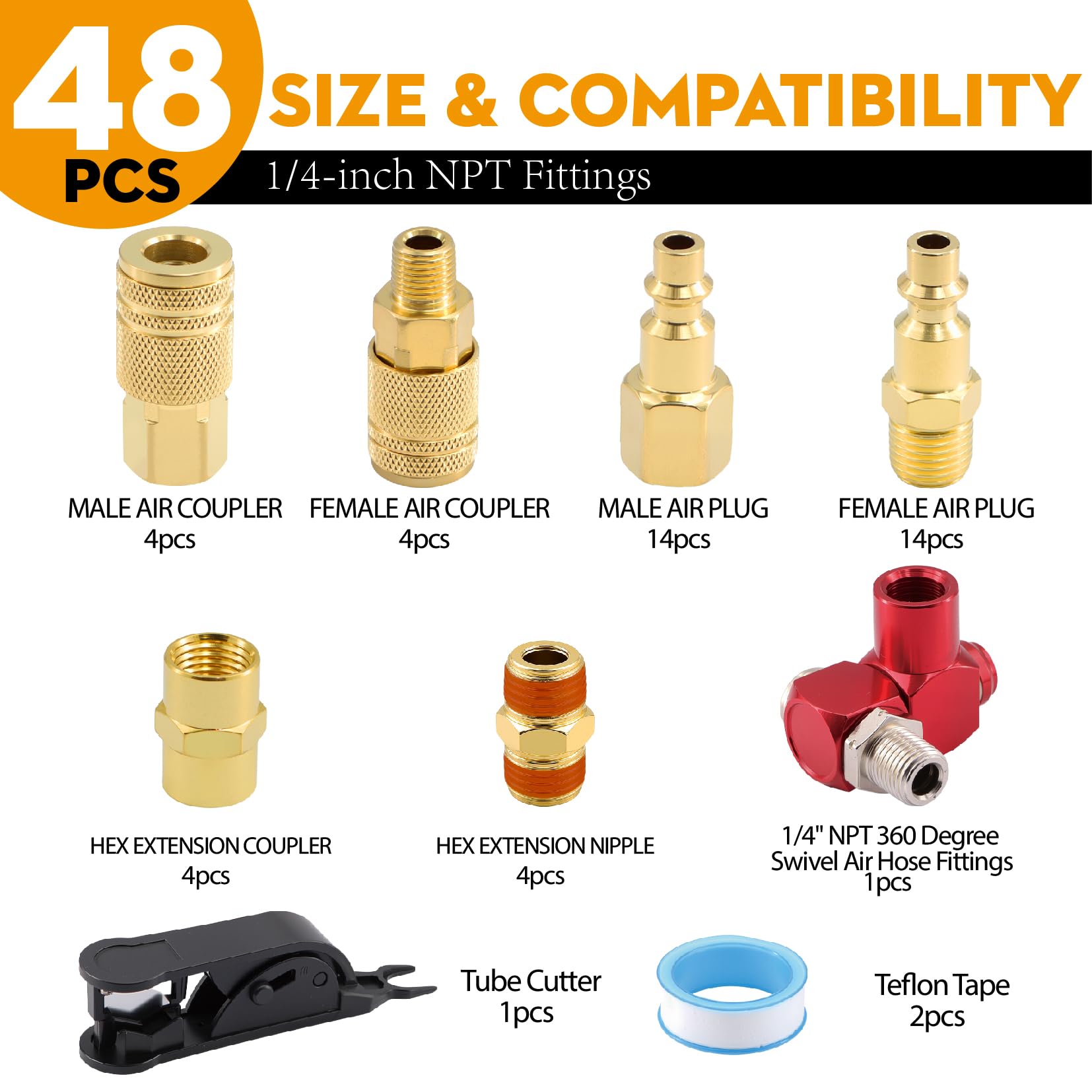Juego de 48 accesorios de aire de conexión rápida de latón NPT de 1/4 pulgadas, juego de acopladores y tapones neumáticos de grado industrial con sellos NBR y cinta de teflón, 300 PSI, resistente a la