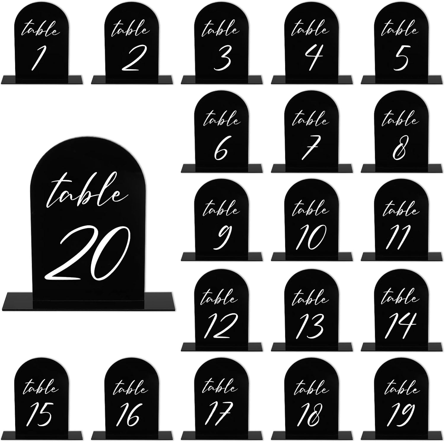 PATIKIL Wedding Table Numbers 1-20, 6"x4" Acrylic Display Signs and Holders for Wedding Receptions with Stands Events Centerpiece, Black Background White Text