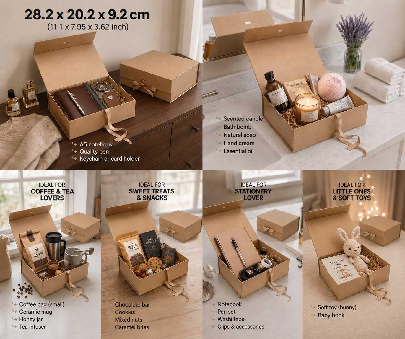 Emartbuy Lot de 5 boîtes cadeaux magnétiques en papier kraft avec ruban – 28,2 x 20,2 x 9,2 cm – Convient aux tasses, ensembles de beauté et petits paniers – Anniversaires, mariages, Noël, cadeaux