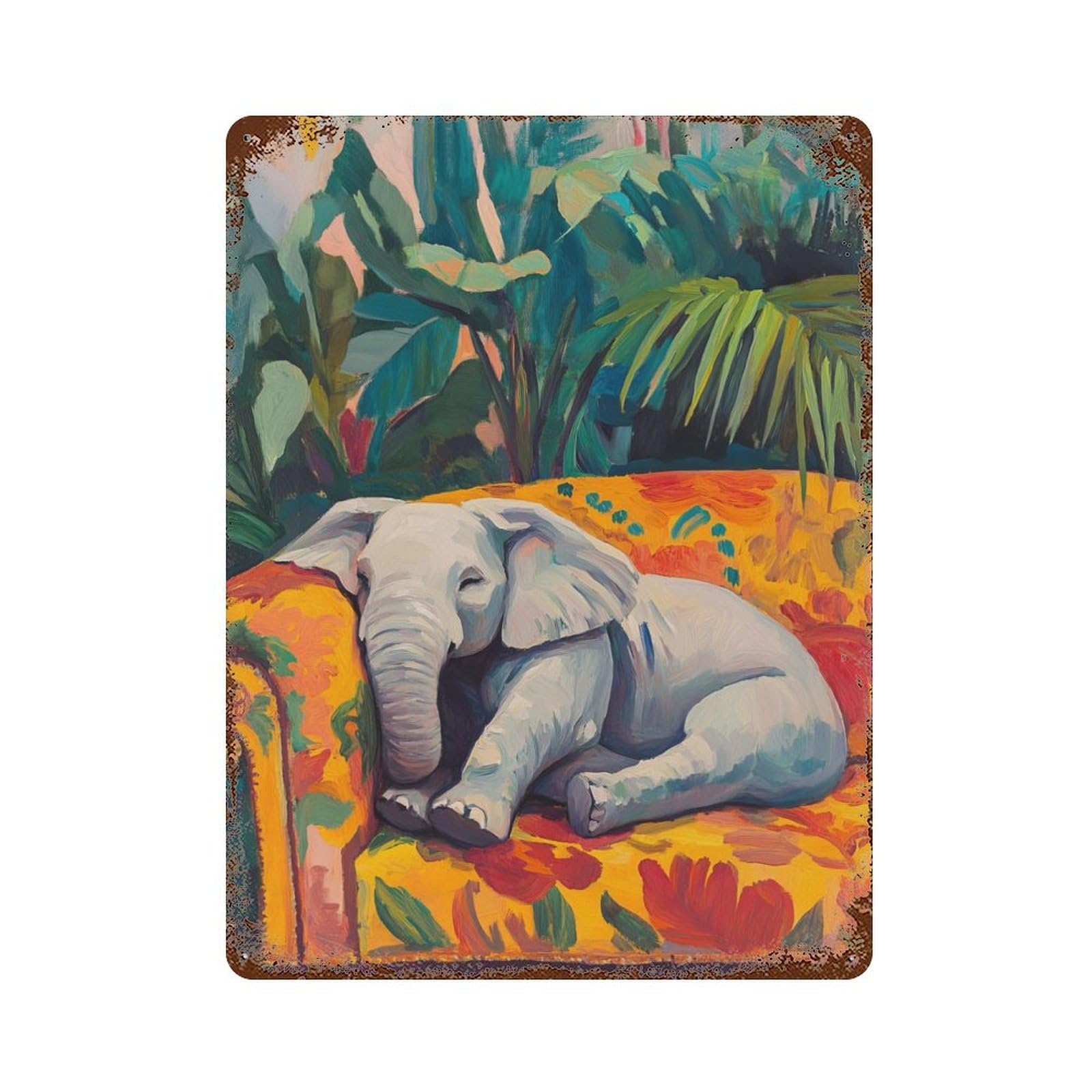 Elephant Napping on A Couch Rusty Metal Tin Sign 15.7"x11.8", Industrial Home Decor for Garage, Pub Or Kitchen