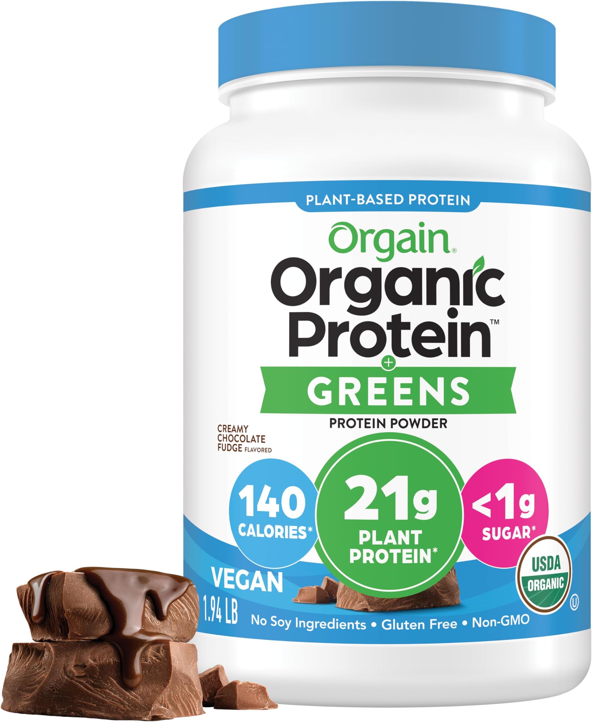 Organic Vegan Protein Powder + Greens, Creamy Chocolate Fudge - 21g Plant Based Protein, Gluten Free, Dairy & Lactose Free, Soy Free, No Sugar Added, Iron & Prebiotics for Gut Health - 1.94lb