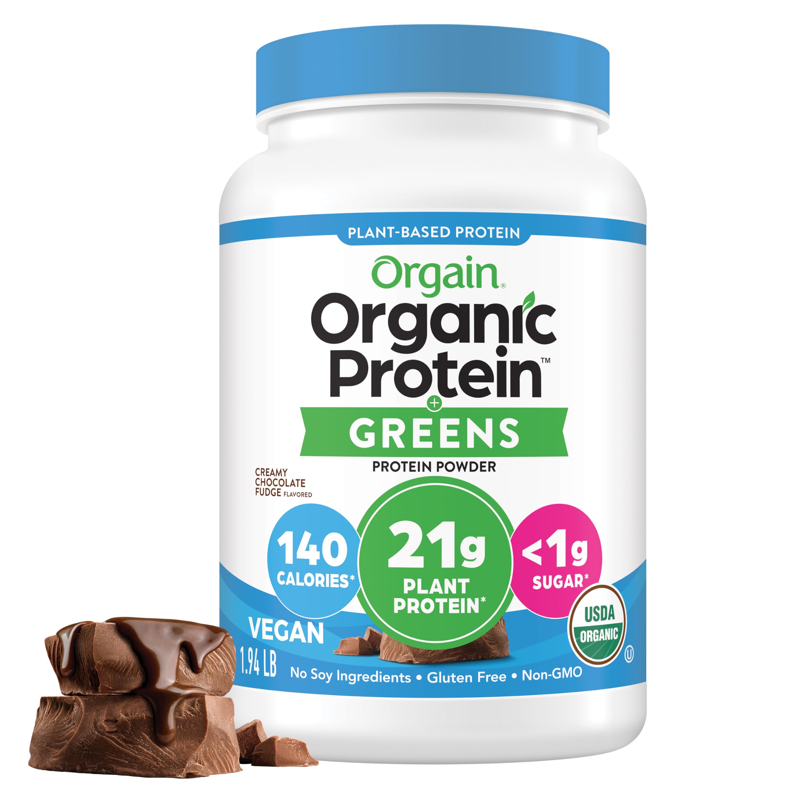 Organic Vegan Protein Powder + Greens, Creamy Chocolate Fudge - 21g Plant Based Protein, Gluten Free, Dairy & Lactose Free, Soy Free, No Sugar Added, Iron & Prebiotics for Gut Health - 1.94lb