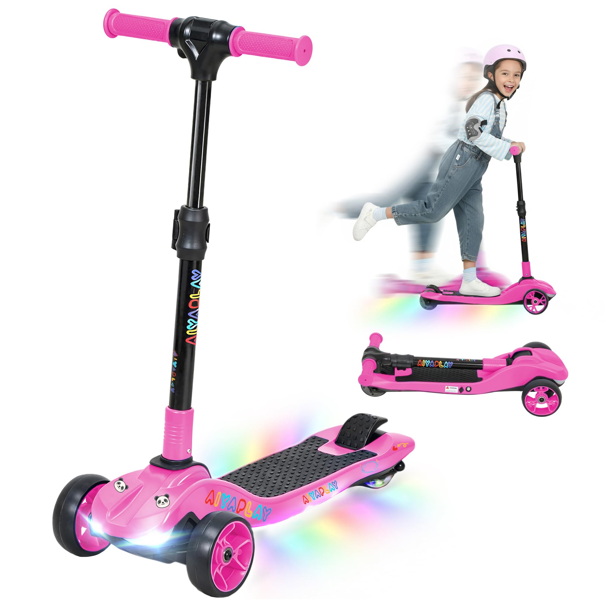 AIYAPLAY Electric Scooter for Kids, 3 Wheel Foldable Kids Scooter for Age 6-10 with 4 Levels Adjustable Height, LED Lights, Up to 6km/h, Maximum Range 8km, 4.8kg Lightweight for Boys and Girls, Pink — image 1