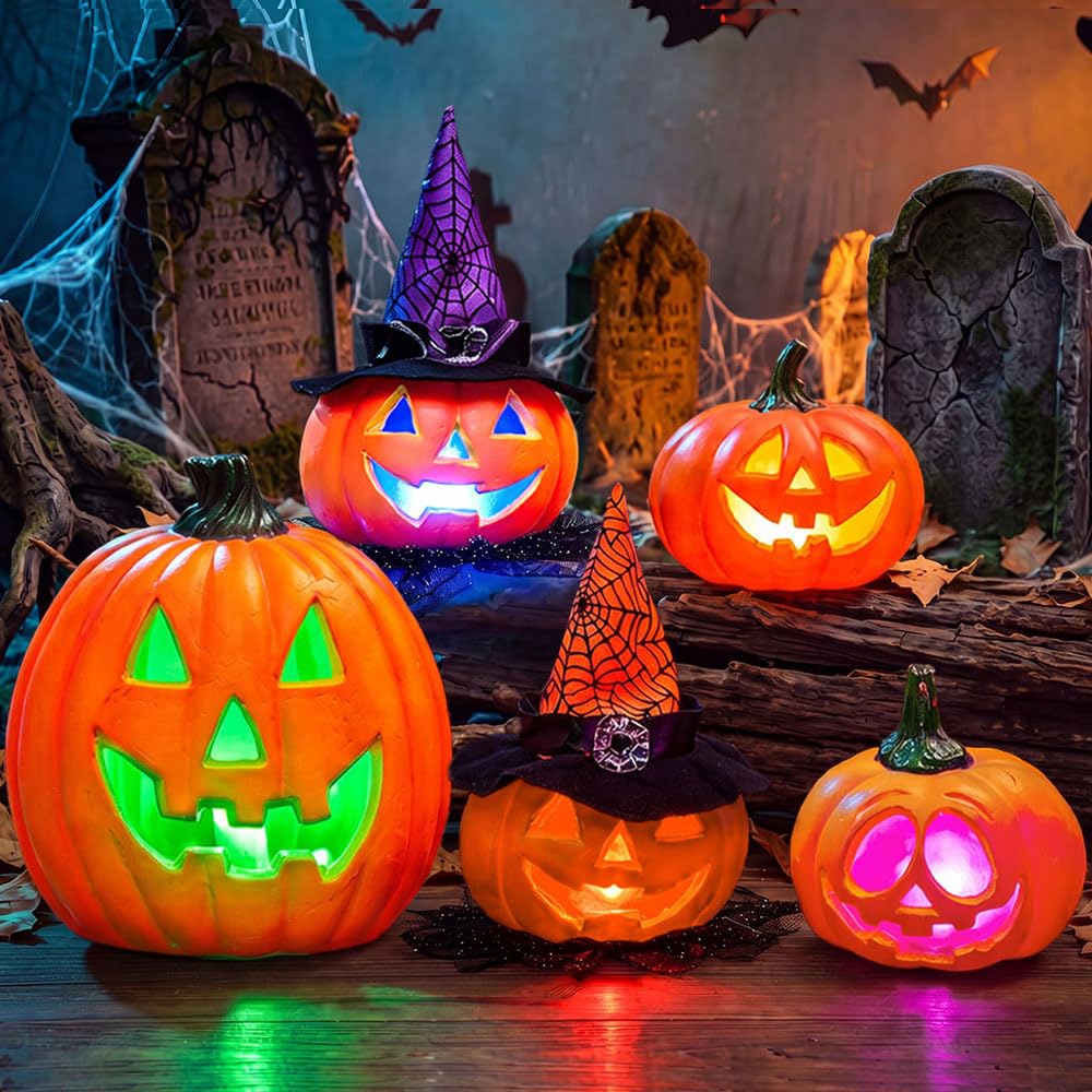 JOYIN Zestaw 5 sztuk świecących lampionów na Halloween, rekwizyt z dynią ze światłem LED, dekoracje na Halloween, rekwizyty do dekoracji wewnątrz i na zewnątrz, 5 sztuk