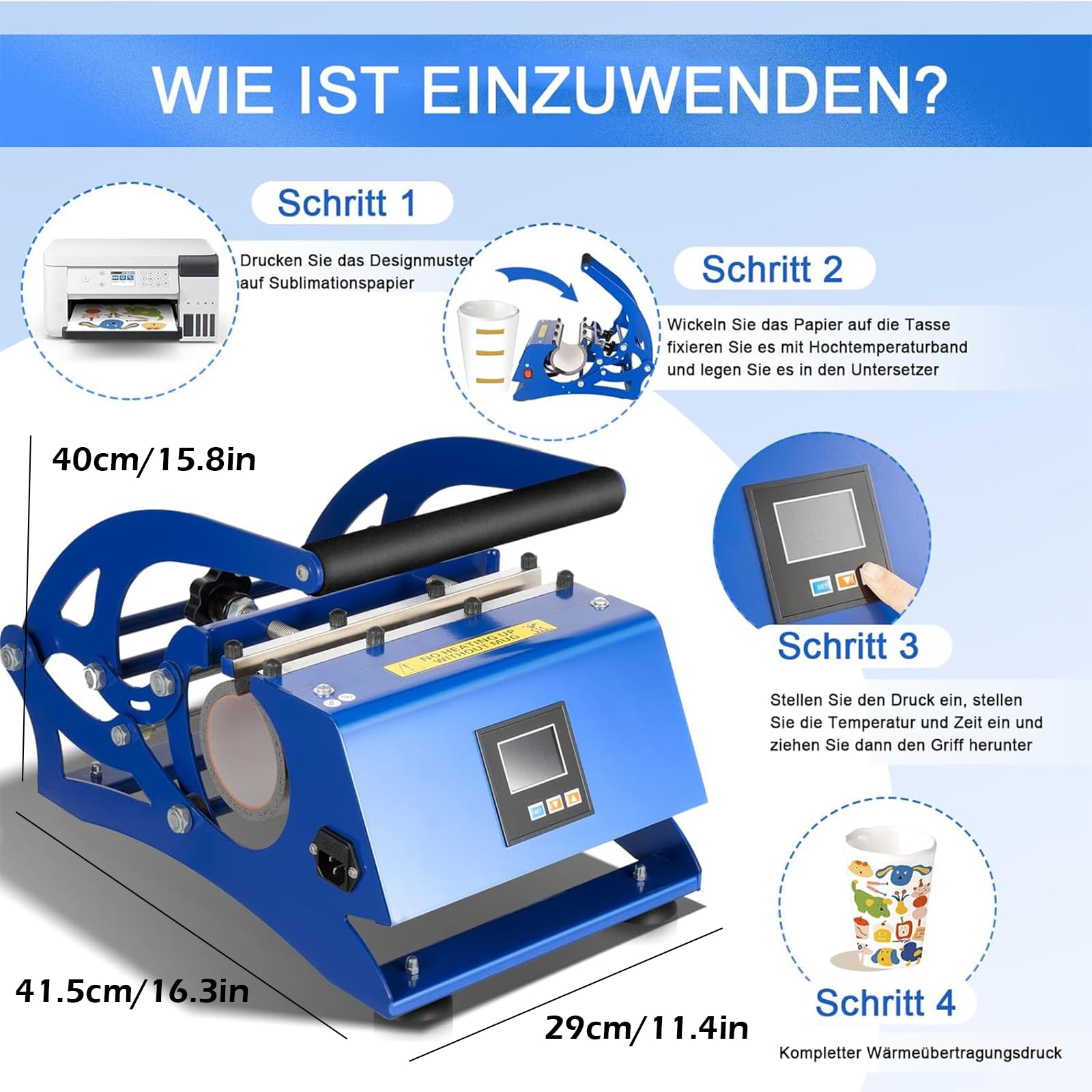 Tassenpresse Mug Sublimationspresse 8-30OZ 600W - 200 ℃ Heisspresse Hitzepresse mit 6 Untersetzer Transferpresse Tassen Bedrucken Multifunktionale Sublimations-Drucker Becherdruckmaschine